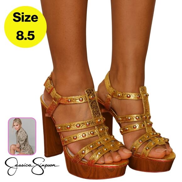 JESSICA SIMPSON Gold Goddess Metallic Studded Platform Heels (Size 8.5) - Picture 1 of 16